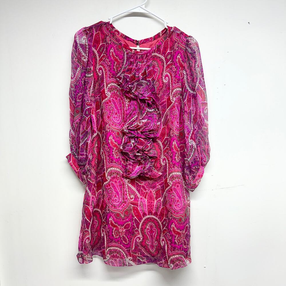 TIBI Women Pink Abstract‎ Long Sleeve Cruved Neckline Mini Dress Size 6